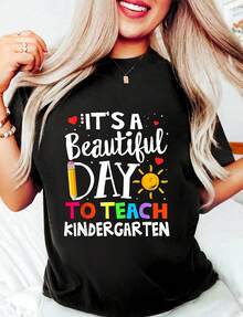 It's A Beautiful Day To Teach At The Nursery. School Tee T-Shirt. Women's Cotton Graphic Tee, Round Neck, Short Sleeve, Casual Top Made Of 220g High-Quality Pure Cotton With Minimalist Print, Halloween Costumes For Women. - 黑色 - 查看 1