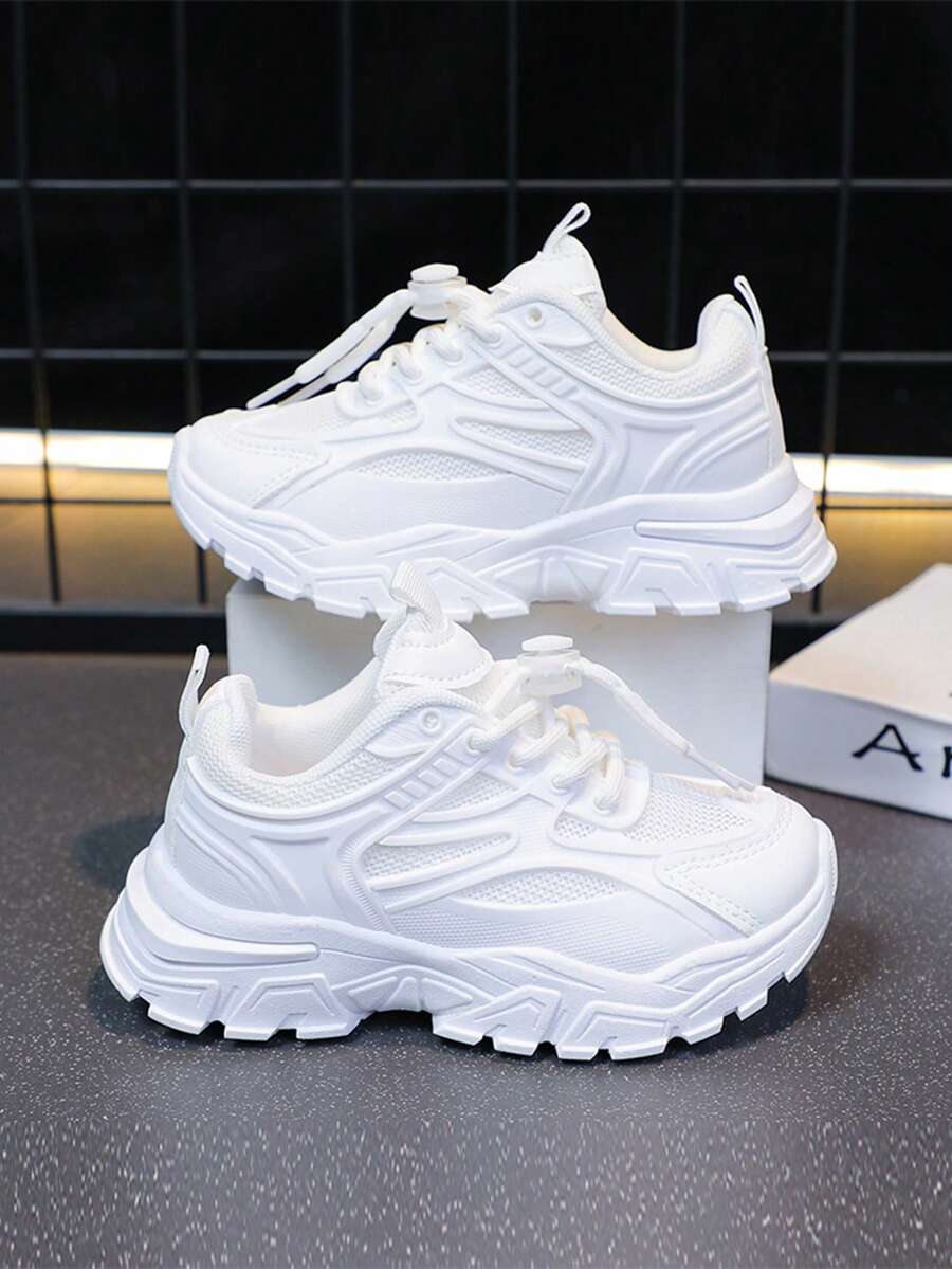 1 Pair Children's Casual Running Shoes, Hook & Loop Closure Design, Lightweight Boys' Running Sneakers, Mesh Fabric Upper, Striped Pattern, Suitable For Daily Wear, Running And Leisure Activities - Spring/Autumn/All Season Lightweight Boys' Running Shoes - White - View 1