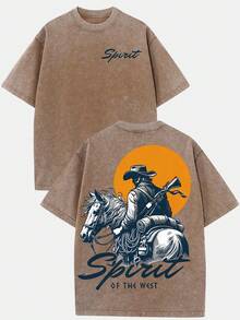 (230g T-Shirt)Men's Washed Cotton "Spirit Of The West" Cowboy Graphic Tee, Oversized Loose Casual Crew Neck Short Sleeve T-Shirt, Retro Western Streetwear Comfortable Soft Top - 咖啡棕 - 查看 1