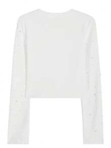 Women's Diamond-Decor Round Neck Long Sleeve Cropped Slim Fit Fashion T-Shirt Casual White Spring - White - View 8