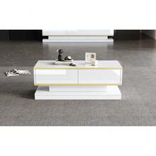 [Designer Couchtisch mit Goldakzent]100x50cm Hochglanz-Sofatisch mit 2 Schubladen | Eleganter Beistelltisch in warmweiß/gold | Schmaler Mittelteil mit breiter Ablagefläche