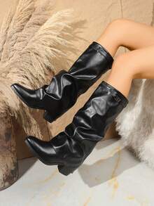 女士时尚过膝靴，黑色尖头皮革宽筒一脚蹬粗跟高筒靴，马术靴，骑马靴，裤靴，西部靴，适合日常穿着，黑色，欧洲尺码 - 黑色 - 查看 7