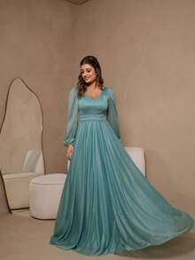Long Dress Puff Sleeve Graduation Party Wedding Bridesmaid Guest - 薄荷綠 - 查看 1