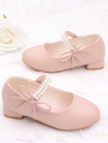 Girls Pearl Princess Shoes, White Leather Shoes, Mid-Heel, Spring/Autumn