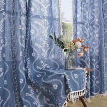 84 Inch Length Boho Farmhouse Curtains Living Room 2 Panels, Linen Semi Sheer Vintage Printed Floral Orange Rustic Curtain Drapes, Terracotta - Denim - 查看 7