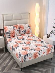 3pcs Creative Graphic Print Bedding Set, Soft And Comfortable, Suitable For Bedrooms And Guest Rooms (1 Bed Skirt + 2 Pillowcases, No Core) - Orange Peony - View 17