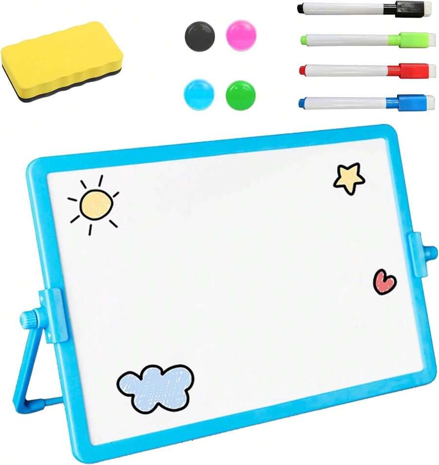 Pizarra Blanca Peque?a de Escritorio,Mini Caballete Portátil de Escritorio, Incluye 4 Plumones Pizarrón Blanco y 1 Borrador de Pizarra, 4 imanes, Para Dibujar, Escribir, Planificar (Azul) - albaricoque - Ver 1
