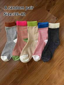 Random 5/3/1 Pair Of Women's Color-Blocked Striped Mid-Tube Socks, Multi-Color Splicing, Versatile Fashion Sports Socks, Contrast Cuff Striped Socks, Women's Socks, Casual Long Tube Tassel Socks (Due To The Lighting And Angle When Shooting, The Actual Product May Have A Slight Color Difference From The Picture)