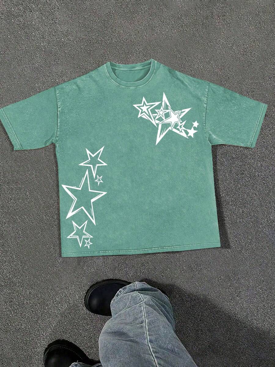 (230g T-Shirt)Men's Washed Cotton Star Graphic Tee, Oversized Loose Casual Crew Neck Short Sleeve T-Shirt, Retro Streetwear Comfortable Soft Top - 綠色 - 查看 1