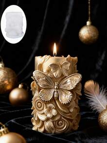 1个3D蝴蝶/花朵/叶子/蕾丝浮雕圆柱形硅胶模具 - 适用于DIY蜡烛/树脂/混凝土/水泥/石膏工艺品，可重复使用的硅胶材质，是手工装饰品和家居装饰的理想之选