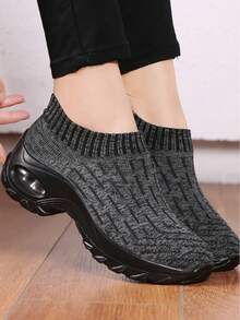 Women's All Black Casual Sneakers, Cushioned Shock Absorbing Knit Sock Shoes, Suitable For Sports & Dancing - Grey - View 3