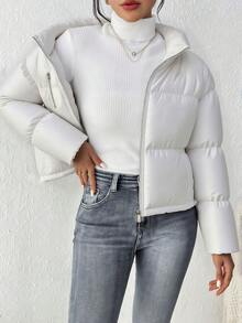 Women's Short Stand Collar Padded Coat, Minimalist Design, Fluffy Texture, Neat Tailoring, Puffy Padded Coat - White - View 8