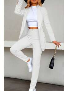 Elegante conjunto de traje azul de manga larga para mujer con cuello chal pantalones largos y detalles de botones - Blanco - Ver 1