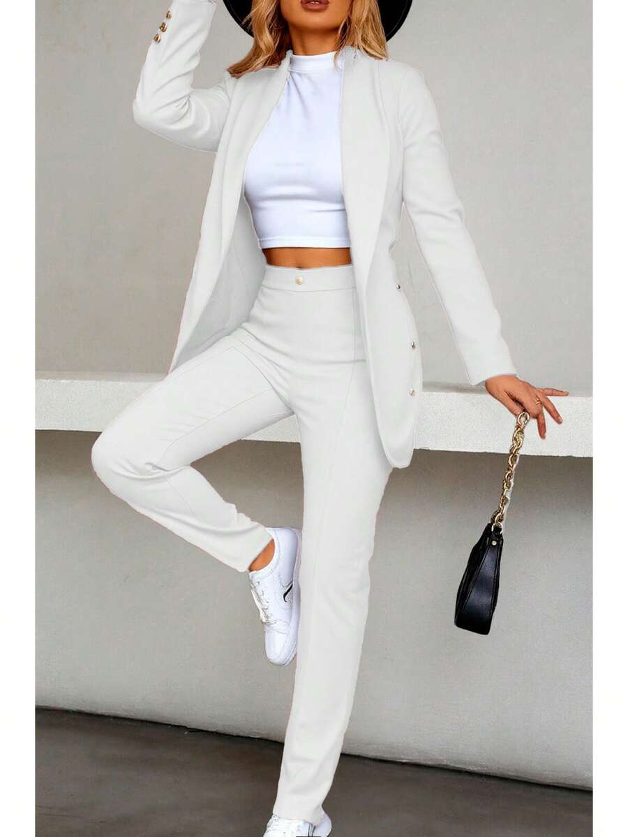 Elegante conjunto de traje azul de manga larga para mujer con cuello chal pantalones largos y detalles de botones - Blanco - Ver 1