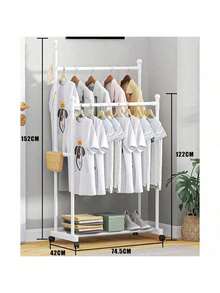 Perchero de ropa de doble varilla PARA COLGAR , CON RUEDAS, perchero de metal independiente con estante para zapatos y ganchos laterales, organizador de ropa resistente para dormitorio y uso doméstico. - Multicolor - Ver 4