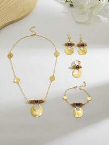 Mgyi Gold-Colored Copper Fashionable And High-End Luxury Retro Jewelry Set For Women,18K Gold Plated Elegant Luxury Square Design Necklace, Earrings, Bracelet, Ring For Women, Suitable For Nigeria, Dubai, Middle East, Saudi Arabia Bridal Wedding, Daily Wear, Wedding Anniversary Gift, Halloween Gift For Friends