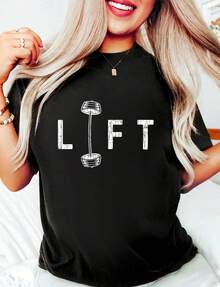 Women's "Lift" Motivational And Inspirational Cotton Graphic T-Shirt, Round Neck, Short Sleeve, Casual, 220g High-Quality Pure Cotton With Minimalist Print, Halloween Costume Tops For Women - 黑色 - 查看 1