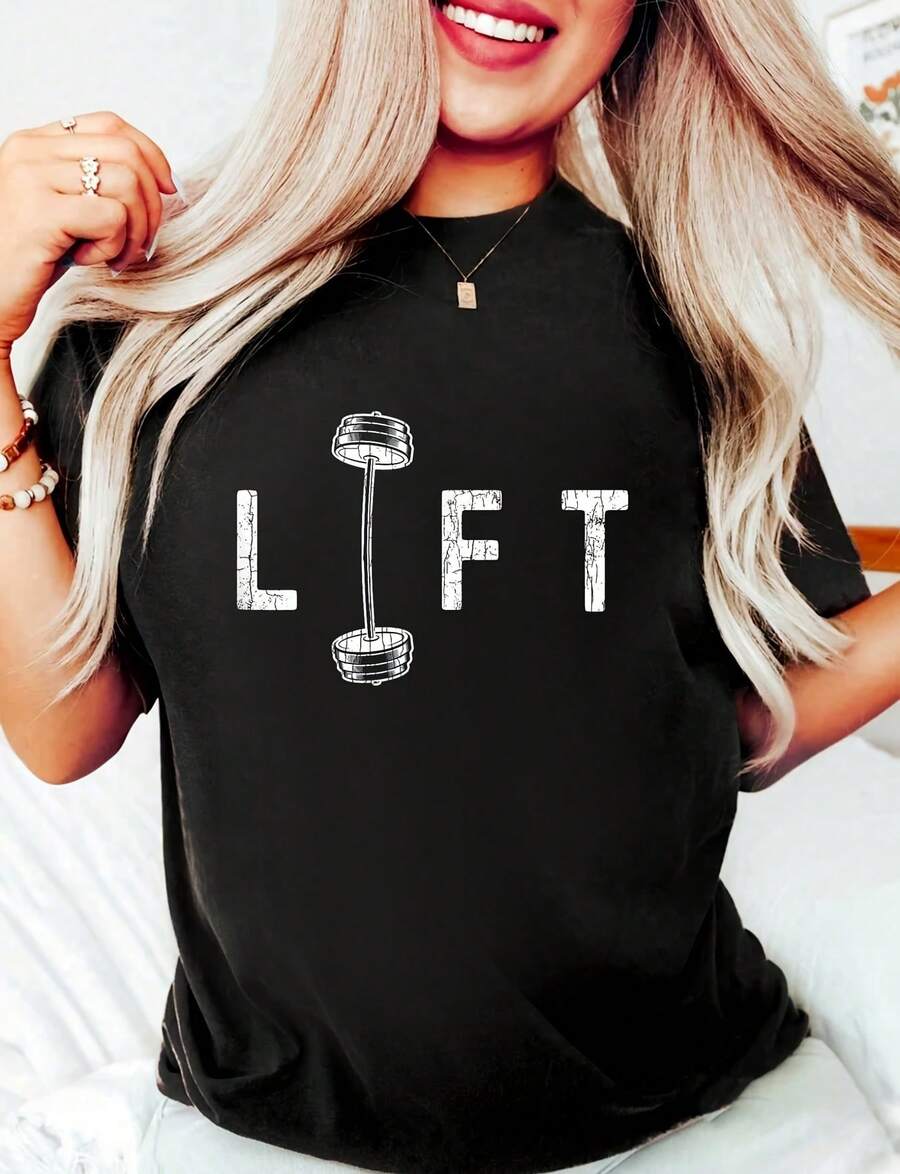 Women's "Lift" Motivational And Inspirational Cotton Graphic T-Shirt, Round Neck, Short Sleeve, Casual, 220g High-Quality Pure Cotton With Minimalist Print, Halloween Costume Tops For Women - 黑色 - 查看 1