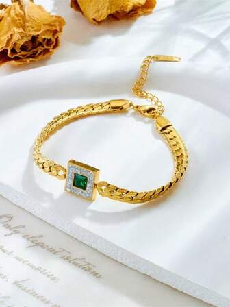 1pc Elegant Stainless Steel Bracelet With Gold-Plated Chain And Green Square Glass Pendant, Unisex Fashion Jewelry, Suitable For Daily Wear And Gift