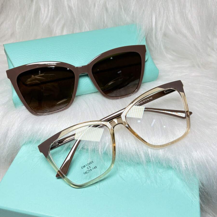 Women's 2-In-1 Clip-On Glasses Acetate Nylon Square Size L - 焦糖棕色 - 查看 1
