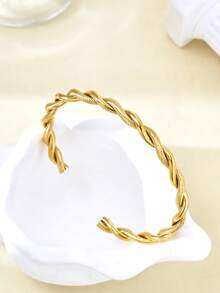 TONSI 1pc Elegant Charming Minimalist Chic Stainless Steel 18K Gold Plated Spiral Twist Bangle Bracelet, Suitable For Summer, Workday, Party, Women Jewelry