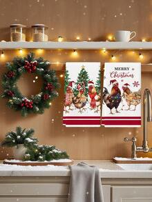 2 Pcs Christmas Rooster Pattern Kitchen Towels Watercolor Style Dish Towels Can Be Used In Kitchen Drying Hand Towels Tea Towels Suitable For Christmas Farmhouse Kitchen Home Indoor Dish Drying - Red and White - View 4