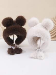 1pc Cute Ear Plush Hat, 3D Bear Ear Design With Playful Pom Pom. Sweet & Adorable, Warm & Comfortable, Suitable For Daily Wear, Commuting, Gatherings With Friends, Holiday Occasions As Autumn/Winter Decorative Hat To Add Cute Elements To Your Outfit, Youthful & Energetic Design