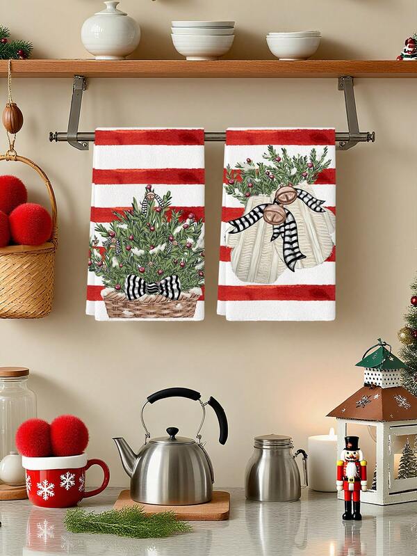 قطعتان من كرات شجرة الميلاد الحمراء ذات نمط إبرة صنوبر أبيض وأحمر بطريقة مائية، قفازات بنمط هندسي أبيض وأسود لشجرة الميلاد، مناشف مطبخ للعطلات بنمط ريفي مناسبة للمطبخ وغرفة الطعام والمائدة