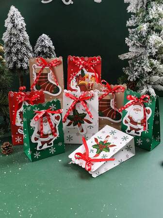 3 st presentpåsar med jultema, rosettdekor, tecknade julelement, godis-, kak-, chokladpresentpåsar, lämpliga för födelsedagsfest, julfestpresenter