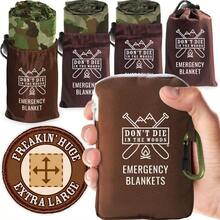 Freakin Huge Emergency Blankets [4Pack] ExtraLarge Thermal Mylar Space Blankets With Ripstop Nylon Stuff Sacks + Carabiner Zipper Pack [Woodland Camo] - Brown - View 1