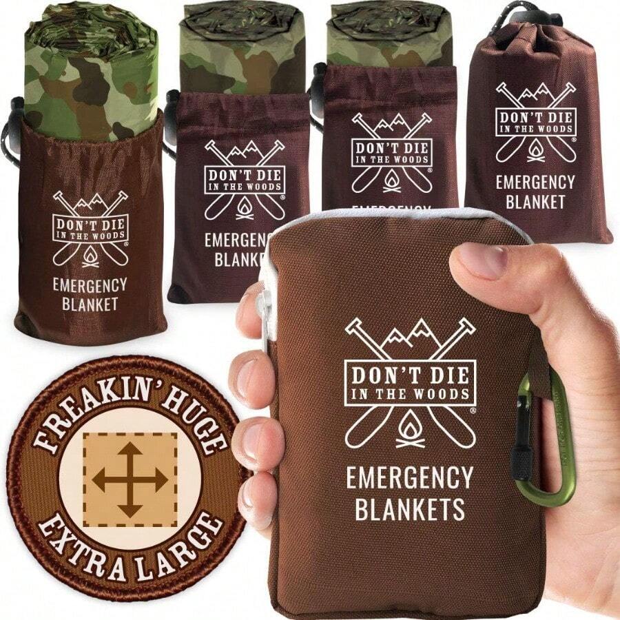 Freakin Huge Emergency Blankets [4Pack] ExtraLarge Thermal Mylar Space Blankets With Ripstop Nylon Stuff Sacks + Carabiner Zipper Pack [Woodland Camo] - Brown - View 1