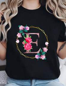 Women's And Girls' Floral Monogram Print T-Shirt With Initial E, High-Quality 220g Cotton T-Shirt With Minimalist Print, Halloween Costume Tops For Women - 黑色 - 查看 1