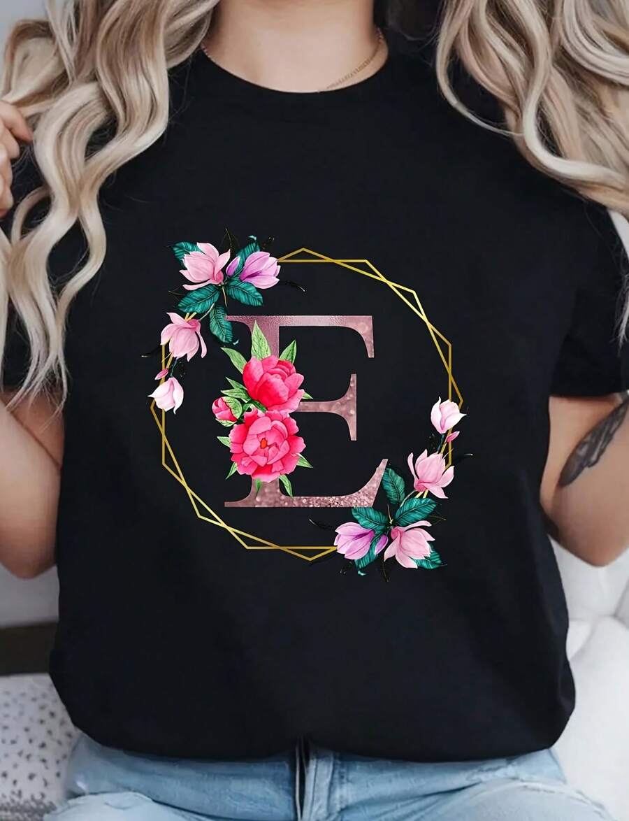 Women's And Girls' Floral Monogram Print T-Shirt With Initial E, High-Quality 220g Cotton T-Shirt With Minimalist Print, Halloween Costume Tops For Women - 黑色 - 查看 1