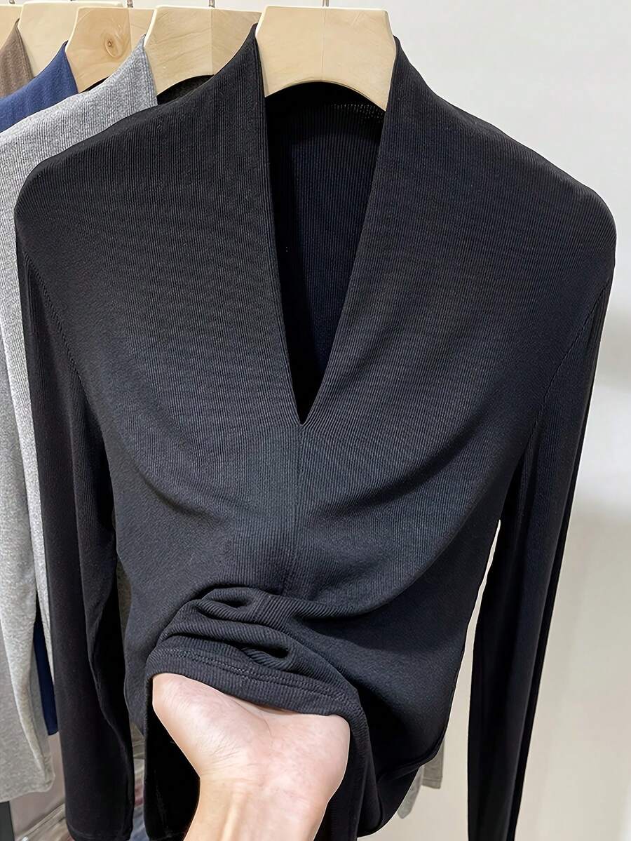 Damen Große Größen V-Ausschnitt Langarm T-Shirt, Slim Fit modischer Lässig Layering Top, Herbst/Winter