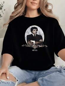 Gentleman Portrait Graphic Print T Shirt 220g Oversized Women's Casual 100% Cotton Tee 1pcs Preppy Style, VintageInspired Art, Everyday Wear, Comfortable Fit Top - Black - View 1