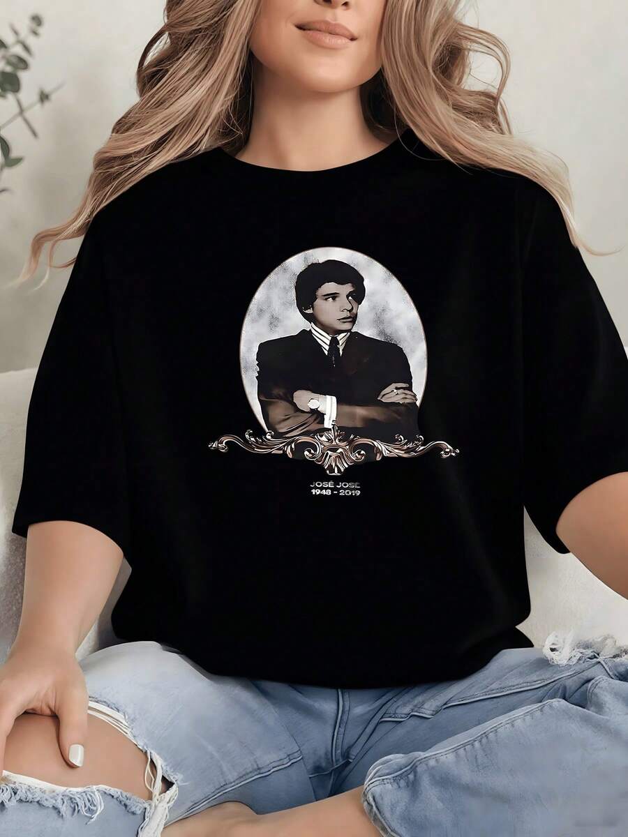 Gentleman Portrait Graphic Print T Shirt 220g Oversized Women's Casual 100% Cotton Tee 1pcs Preppy Style, VintageInspired Art, Everyday Wear, Comfortable Fit Top - Black - View 1