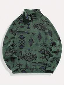 经典休闲男士毛绒套头衫，印花，立领，长袖，适合日常休闲、通勤、街头时尚，温暖的冬季新款 - 軍綠色 - 查看 4