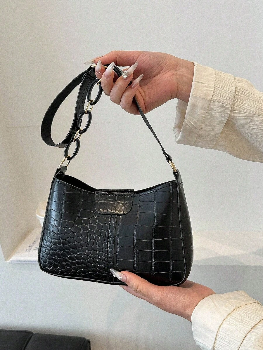 Mini Crocodile Embossed Fashion Shoulder Bag For Women - Black - View 1