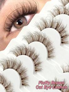 Asiteo Pairs Brown Faux Mink Eyelashes, Transparent Stem, Fine & Thick Eye Makeup, Fluffy & Natural, Transparent Stem, 3D Curly, Full Strip Lashes, Eyelash Extensions, False Eyelashes, Lashes - 黑色 - 查看 9