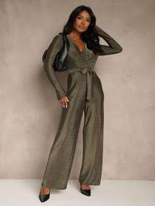 Viscose Wrap Neck Slant Pocket Fashion Jumpsuit With Belt - Gold - View 2