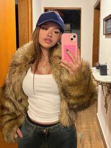 Fall Winter Clothes For Women Brown Furry Faux Fur Coats Long Sleeve Open Front Solid Color Collar Fluffy Jacket, Loose Cropped Casual Fur Top Elegant Chic Outwear,Autumn Outfit, Night Out, Parties, Date Night, Country, Homecoming, Casual, Holiday Vacation For Going Out Outfits - 棕色 - 查看 1