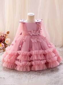 1pc Elegant Solid Color Mesh Patchwork Sleeveless Princess Dress With 3D Butterfly Decor, For Young Girl Formal Occasions, Birthday Party, Photography