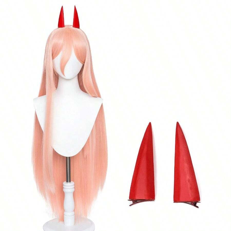 DAicos Long Pink Cosplay Wig For Anime Role Cosplay Pink Wigs With Horns For Women Cute Costume Wig With A Free Wig Cap10 - PinkPowerHorns - Xem 1