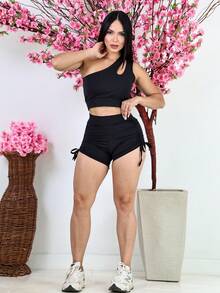 SW Shorts Bikini Sunkini Shorts With Side Adjustments Tie Beach Pool Knot Crinkle Drawstring Holiday Beach - 黑色的 - 查看 3