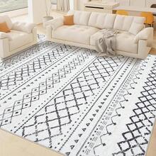 Large Washable 6x9 Area Rug: Boho Moroccan Geometric Neutral, Non-Slip Foldable Indoor Floor Carpet For Living Room, Bedroom, Dining Table - Beige, 6X9 - Hitam - View 9