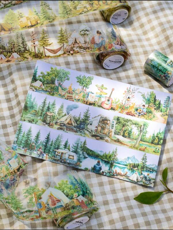 1 rolo/saco de fita decorativa com tema de acampamento de material PET, adequada para scrapbooking, garrafas de água, artigos de papelaria, presentes de aniversário e feriados