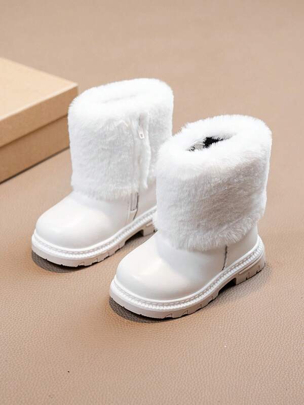 1 par de botas planas con diseño de cremallera lateral, cómodas, livianas y cálidas con boca de peluche para niña, adecuadas para uso diario al aire libre en otoño/invierno