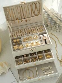 3-Layer Large Capacity Jewelry Storage Box, Portable Jewelry Storage Box, Dressing Table With Drawer Jewelry Storage Box, Gift Leather Jewelry Box, Exquisite Display Packaging Storage Container Back To School Dormitory Storage - 彩色 - 查看 1