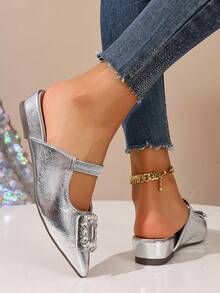 Mulas com Solado Grosso de Strass Prateado, Chinelos de Bico Fino com Sola Grossa na Moda, Mocassins Casuais com Salto Tipo Cunha e Sem Parte Traseira, Adequados para Vestidos, Primavera e Outono