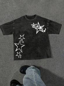 (230g T-Shirt)Men's Washed Cotton Star Graphic Tee, Oversized Loose Casual Crew Neck Short Sleeve T-Shirt, Retro Streetwear Comfortable Soft Top - màu đen - Xem 1